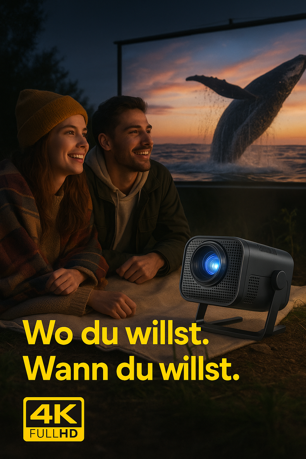 Treyvox™ One – Mobiler Mini-Beamer mit 300 ANSI Lumen, 4K-Support, WiFi6, BT5.0 & Apple-Kompatibilität