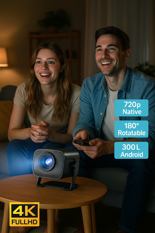 Treyvox™ One – Mobiler Mini-Beamer mit 300 ANSI Lumen, 4K-Support, WiFi6, BT5.0 & Apple-Kompatibilität