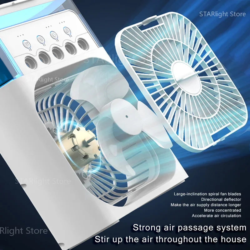 3-in-1 tragbarer Ventilator mit LED-Licht.