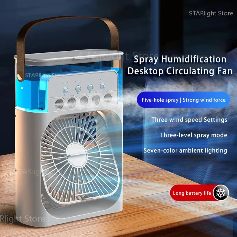 3-in-1 tragbarer Ventilator mit LED-Licht.